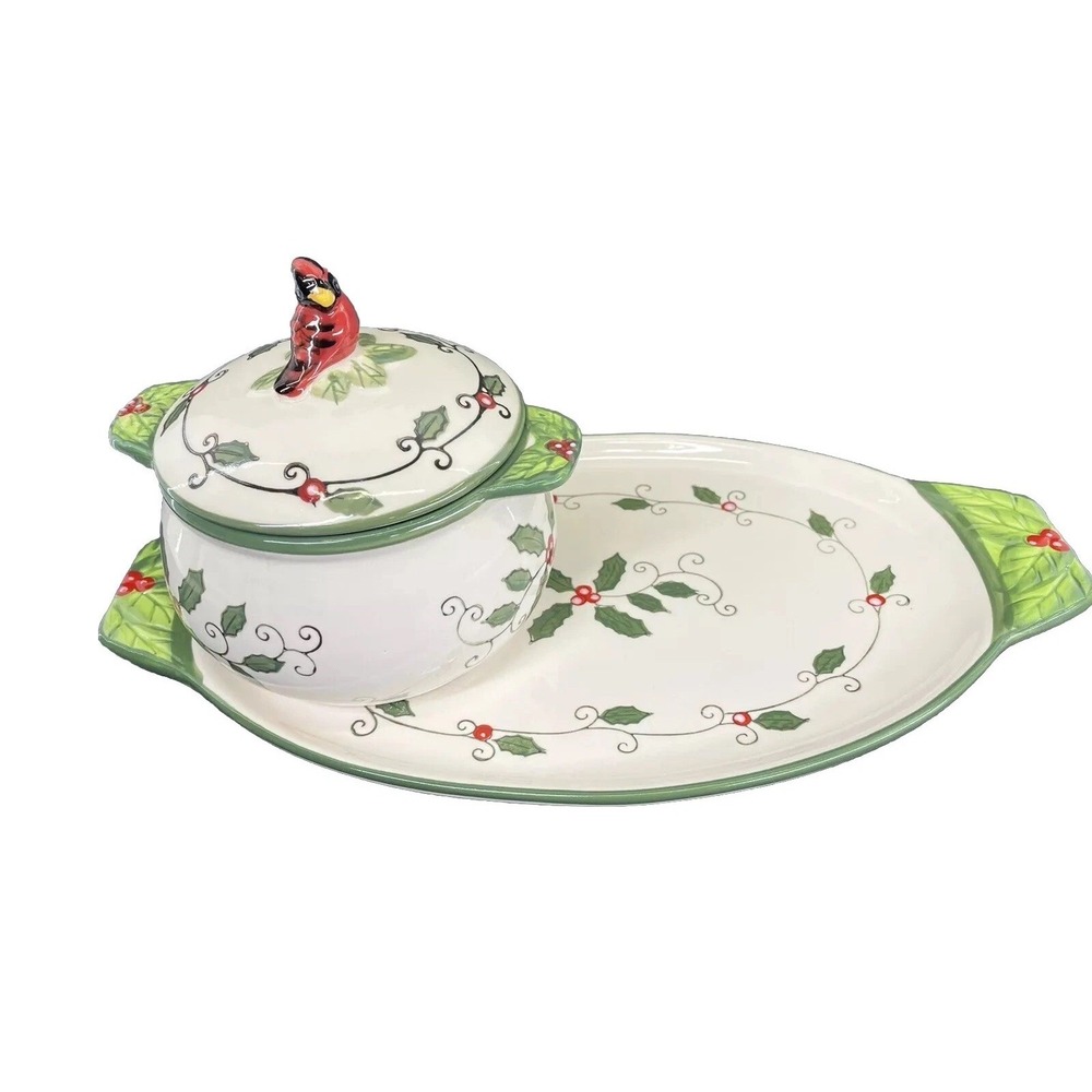 Temptations Soup & Sandwich Plate Set Christmas Cardinal Holly Berry‎ Covered